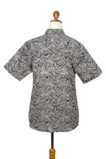 Men's cotton batik shirt, 'Bedeg' - Men's Cotton Batik Button Down Short Sleeve Shirt