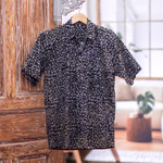 Men's cotton batik shirt, 'Borneo Slate' - Men's Green and Black Short Sleeves Cotton Batik Shirt