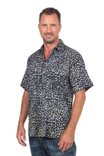Men's cotton batik shirt, 'Borneo Slate' - Men's Green and Black Short Sleeves Cotton Batik Shirt