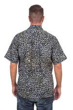Men's cotton batik shirt, 'Borneo Slate' - Men's Green and Black Short Sleeves Cotton Batik Shirt