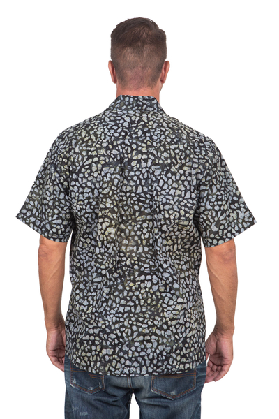 Camisa batik de algodón para hombre - Camisa batik de algodón de manga corta verde y negra para hombre