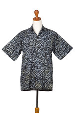 Men's cotton batik shirt, 'Borneo Slate' - Men's Green and Black Short Sleeves Cotton Batik Shirt