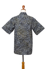 Men's cotton batik shirt, 'Borneo Slate' - Men's Green and Black Short Sleeves Cotton Batik Shirt