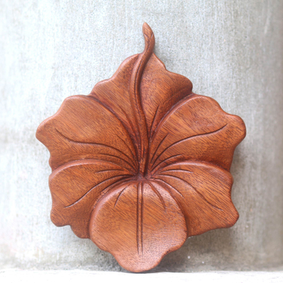 Wood relief panel, 'Single Hibiscus' - Balinese Hand Carved Hibiscus Flower Wood Relief Panel