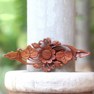Wood relief panel, 'Singular Lotus' - Lotus Blossom Hand Carved Wood Relief Panel from Bali