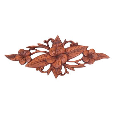 Wood relief panel, 'Plumeria Vine' - Floral Wood Relief Panel Hand Carved in Indonesia