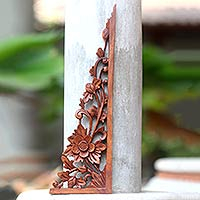 Wood relief panel, 'Lotus Tendrils' - Balinese Hand Carved Lotus Blossom Wood Relief Panel