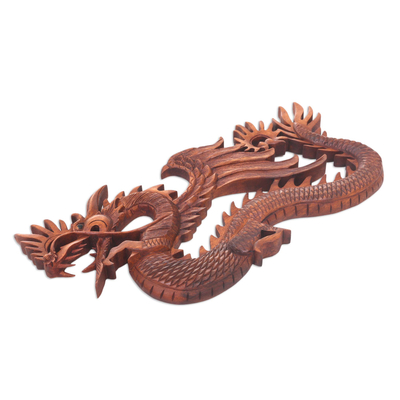 Wood relief panel, 'Sky Dragon' - Winged Dragon Wall Panel Hand Carved from Wood