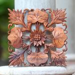 Wood wall panel, 'Lotus Garden' - Artisan Crafted Suar Wood Wall Panel with Floral Motif