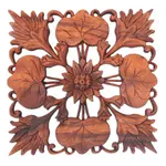 Wood wall panel, 'Lotus Garden' - Artisan Crafted Suar Wood Wall Panel with Floral Motif