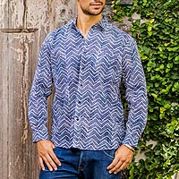 Men's cotton shirt, 'Zigzag Waves' - Cotton Hand Stamped Blue and White Men's Shirt