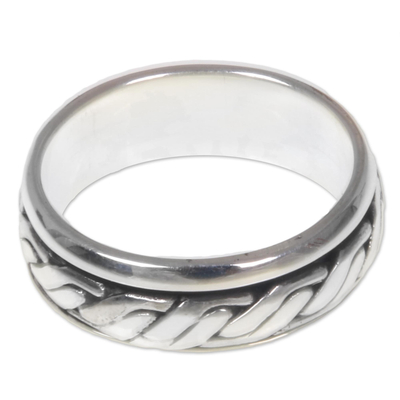 Men's sterling silver band ring, 'Lightning Track' - Textured Silver Handcrafted Men's Band Ring from Bali