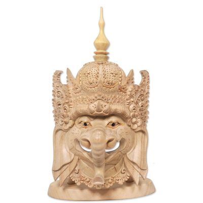 Wood mask, 'Ganesha's Floral Crown' - Artisan Hand Carved Wood Ganesha Mask from Bali
