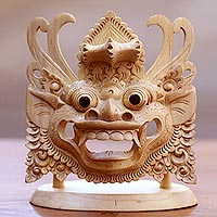 Wood mask and stand, 'Barong: King of the Spirits' - Hand Carved Crocodile Wood Mask of Barong with Stand