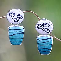 Polymer drop earrings, 'Teal Waves' - Artisan Crafted Polymer and Sterling Silver Drop Earrings