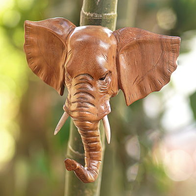 Wood mask, 'Elephant Presence' - Hand Carved Balinese Wood Elephant Wall Mask from Bali