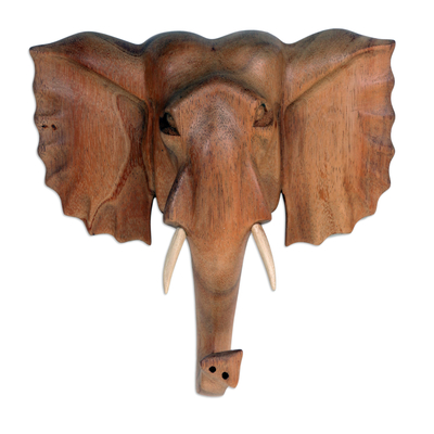 Hand Carved Balinese Wood Elephant Wall Mask from Bali