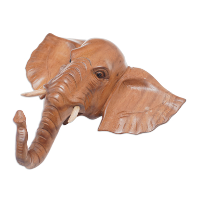 Wood mask, 'Elephant Presence' - Hand Carved Balinese Wood Elephant Wall Mask from Bali