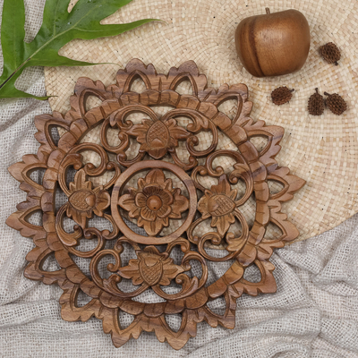 Wood relief panel, 'Lotus Blossom Circle' - Artisan Hand Carved Floral Wood Relief Panel from Bali