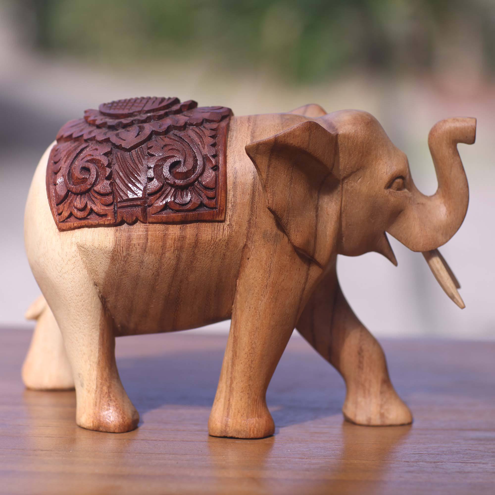 UNICEF Market Hand Carved Wood Statuette of Elegant Elephant on
