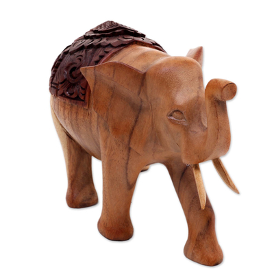 Wood statuette, 'Elephant on Parade' - Hand Carved Wood Statuette of Elegant Elephant on Parade