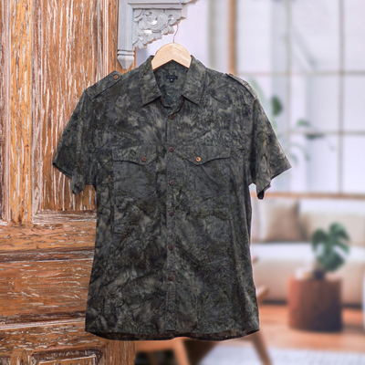 Men's cotton shirt, 'Military Olive' - Men's Olive Green Military Style Short Sleeve Cotton Shirt