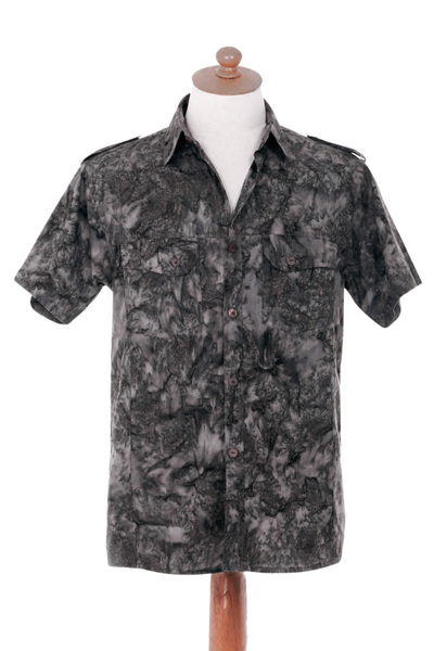 Men's cotton shirt, 'Military Olive' - Men's Olive Green Military Style Short Sleeve Cotton Shirt