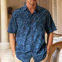 Men's cotton shirt, 'Military Blue' - Mens Safari Style 100% Cotton Short Sleeve Cotton Shirt with