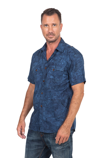 Men's cotton shirt, 'Military Blue' - Men's Military Style Blue Cotton Shirt with Short Sleeves