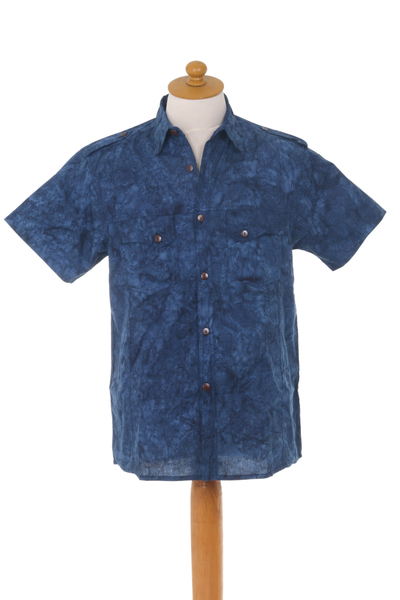 Baumwollhemd für Herren - Blaues Baumwollhemd für Herren im Militärstil mit kurzen Ärmeln