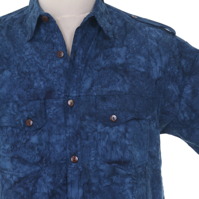 Men's cotton shirt, 'Military Blue' - Men's Military Style Blue Cotton Shirt with Short Sleeves