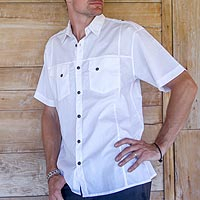 Men's cotton shirt, 'Military White' - Mens Safari Style 100% White Cotton Short Sleeve Cotton Shir