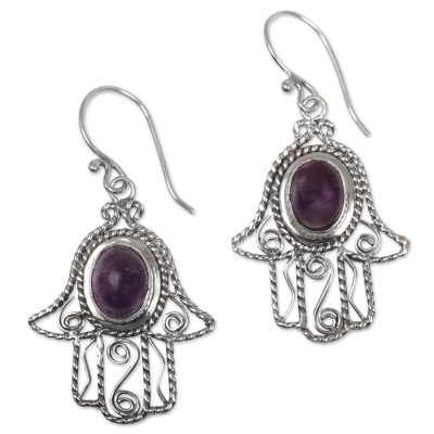 Amethyst dangle earrings, 'Purple Hamsas' - Amethyst Hamsa Hand Dangle Earrings from Indonesia