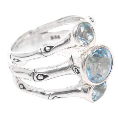 Blue topaz cocktail ring, 'Dewdrop Bamboo' - Sterling Silver and Blue Topaz Handcrafted Ring from Bali