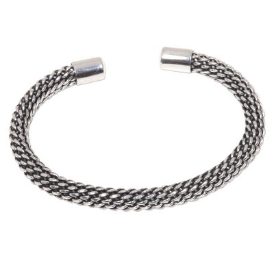 Sterling silver cuff bracelet, 'Woven Circlet' - Artisan Handwoven Sterling Silver Cuff Bracelet from Bali