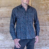 Camisa de algodón para hombre, 'Hypnotic' - Camisa de algodón para hombre estampada a mano en azul y gris