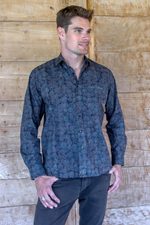 Men's cotton shirt, 'Hypnotic' - Hand Stamped Men's All Cotton Shirt in Blue and Grey