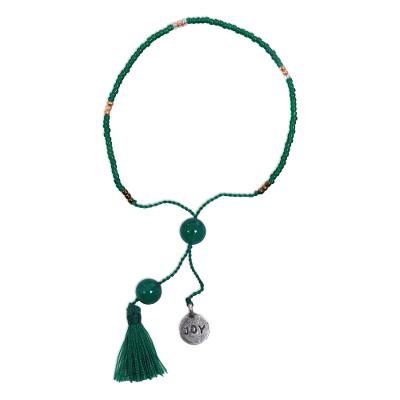 Beaded quartz bracelet, 'Green Joy' - Green Glass Bead Bracelet with Joy Charm Green Quartz Stones