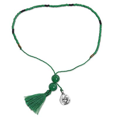 Bali Green Quartz Beaded Bracelet with a Silver Heart Charm