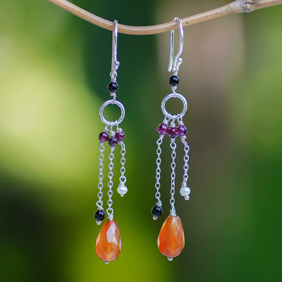 Multi-gemstone waterfall earrings, 'Jeweled Drizzle' - Handmade Multi-Gemstone Sterling Silver Waterfall Earrings