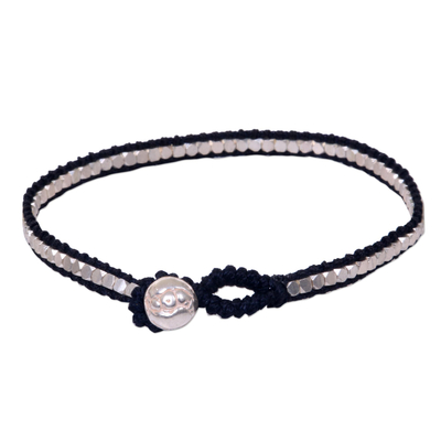Sterling silver beaded bracelet, 'Black Moonlight Path' - Hand Knotted Black Bracelet with Sterling Silver Beads
