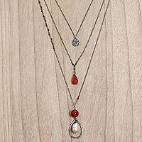 Carnelian and cultured pearl triple pendant necklace, 'Gift of the Lotus'
