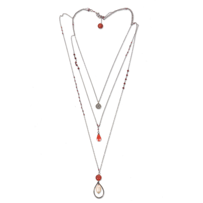 Carnelian and cultured pearl triple pendant necklace, 'Gift of the Lotus' - Multigem Sterling Silver Triple Pendant Necklace