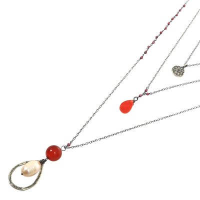 Collar con triple colgante de cornalina y perlas cultivadas - Collar con colgante triple de plata de ley multigema