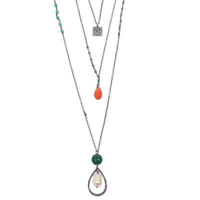 Multi-gemstone pendant necklace, 'Frangipani Beauty' - Pearl Quartz Carnelian 3 Chain Pendant Necklace Indonesia