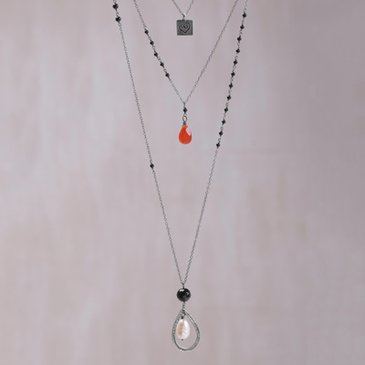 Carnelian and black stone necklace with orange & black agate heart pendant Onyx