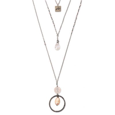 Rose quartz and cultured pearl triple pendant necklace, 'Gift of Joy' - Rose Quartz Sterling Silver Pearl Triple Pendant Necklace