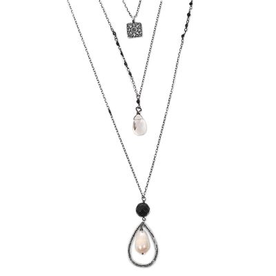 Multi-gemstone pendant necklace, 'Floral Beauty' - Pearl Quartz Onyx 3 Chain Pendant Necklace Indonesia