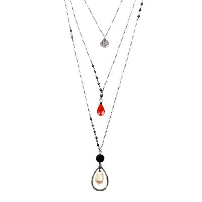 Multi-gemstone cultured pearl pendant necklace, 'Triple-Layered Joy' - Multigem Cultured Pearl Onyx Pendant Necklace Indonesia