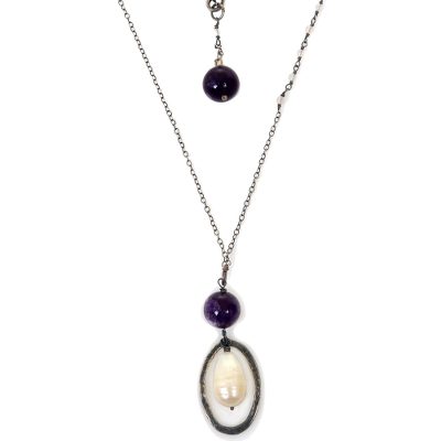 Multi-gemstone pendant necklace, 'Purple Raindrops' - Cultured Pearl Sterling Silver Pendant Necklace Indonesia
